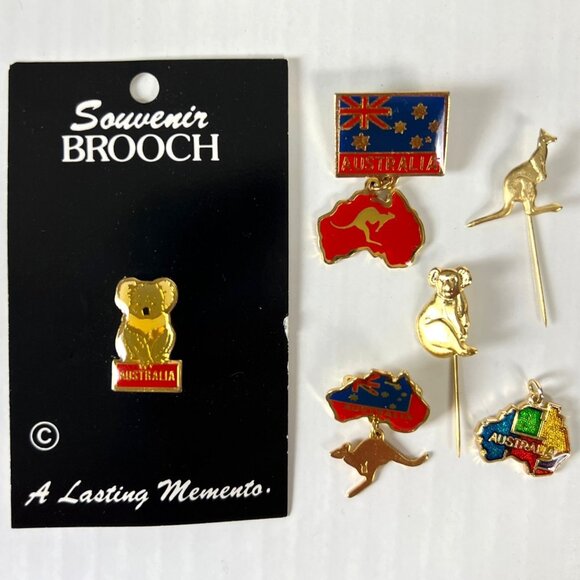 Jewelry - Australia Vtg Souvenir Brooch Enamel Pins Charm 6 Item Lot Koala Kangaroo Flag